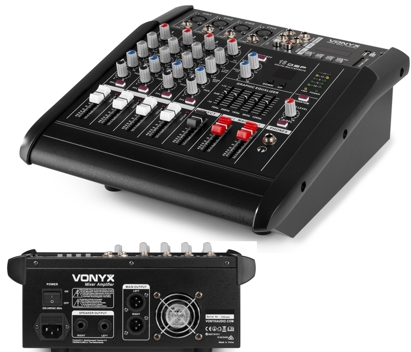 Powermixer Mischpult mit 2x500W Verstärker 5-Kanal Mixer mit EQ Bluetooth USB-SD-MP3 Player