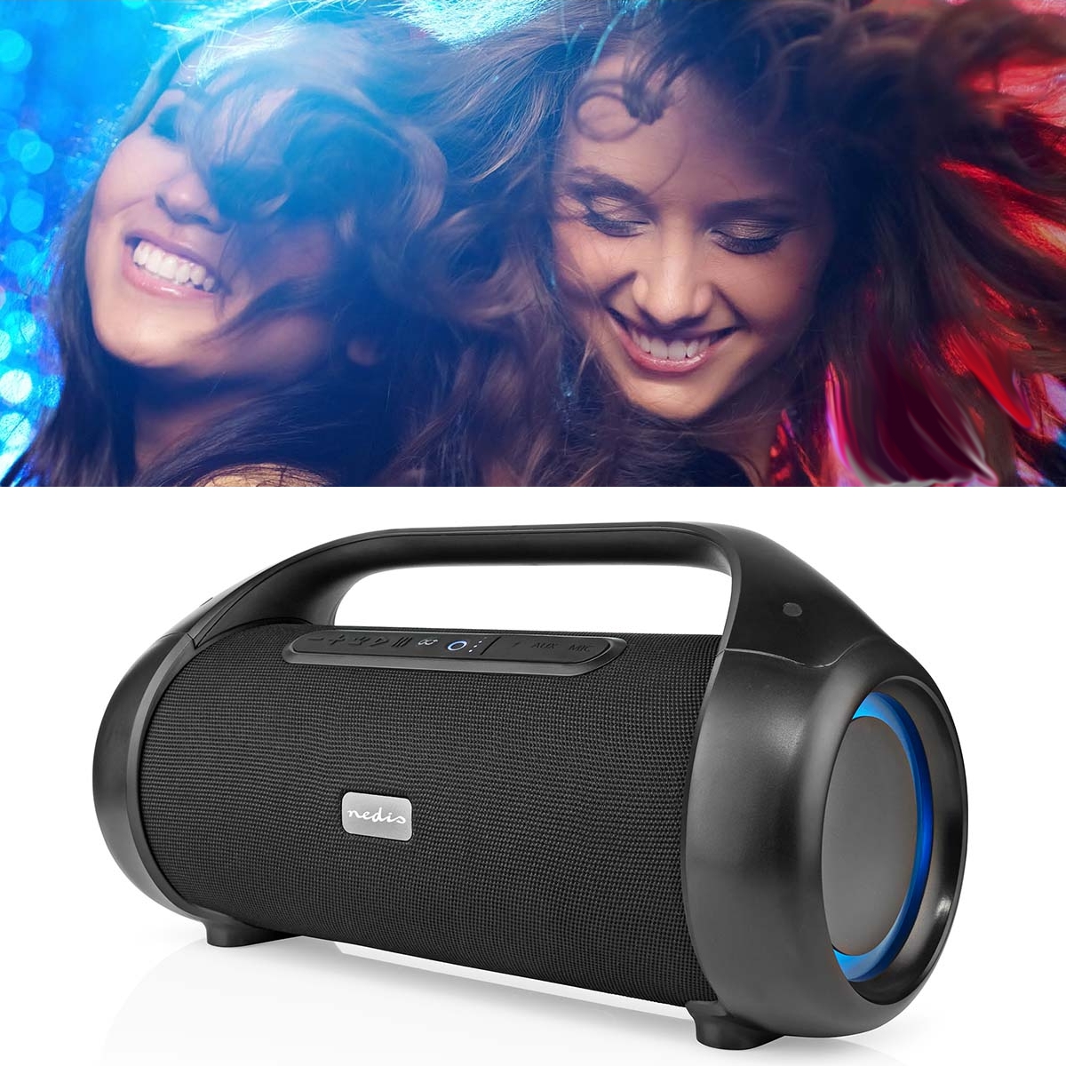 Musikanlage 120W Bluetooth + SIRI + AUX Inp + Akku bis 9-Stunden Spielzeit RGB-Led