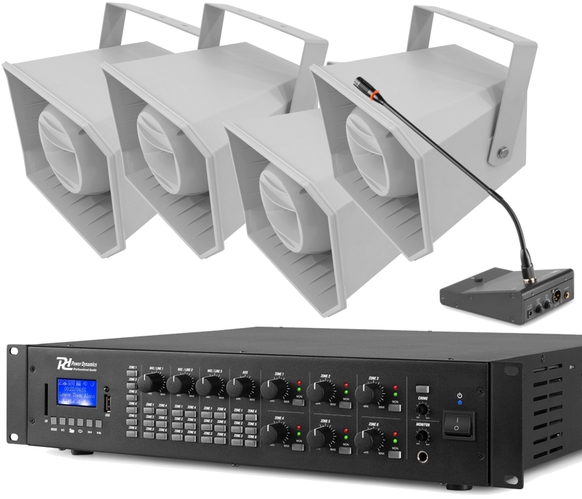 SET7_6zonen_Verstaerker_mit_BT_USB_WERKHALLE Werkhallen Lautsprecheranlage Set-47 ( 6-teilig ) mit Kabelmikrofon