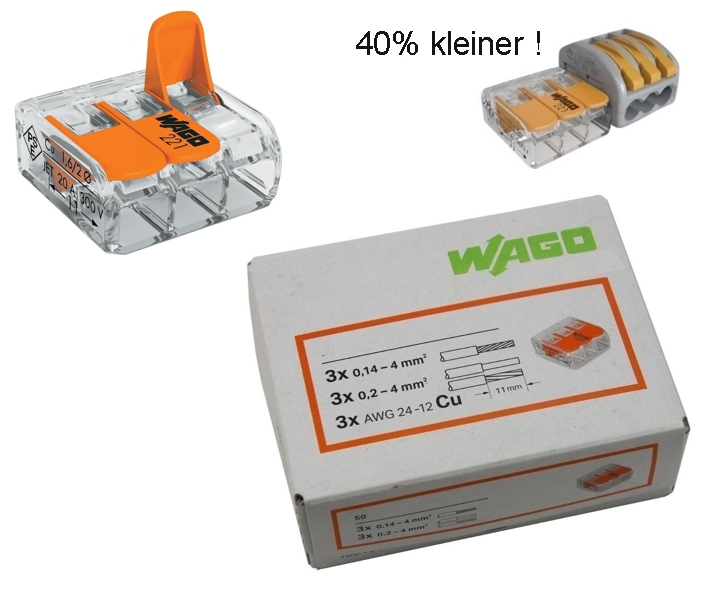 WAGO Klemme 3-Leiter 221-413 COMPACT 50er-Pack Kabelverbinder Leiterklemme