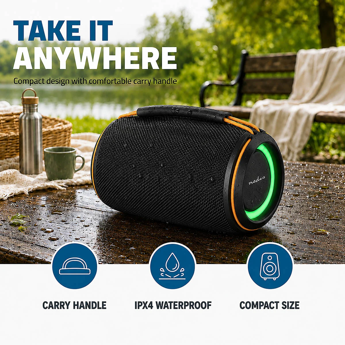 Tragbarer Bluetooth Lautsprecher 40W mit Akku USB + SD-Slot + RGB-LED + IPX4 Spritzwassergeschützt IN2026