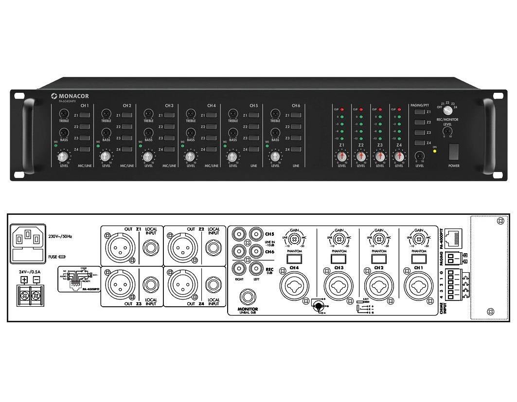 Audiomatrix_4zonen_multiroom_mit_Gong_88-404-00090 Audiomatrix mit 4-Zonen Regelung 6Kanal Audiomixer Multiroom mit Gong PA6040MPX