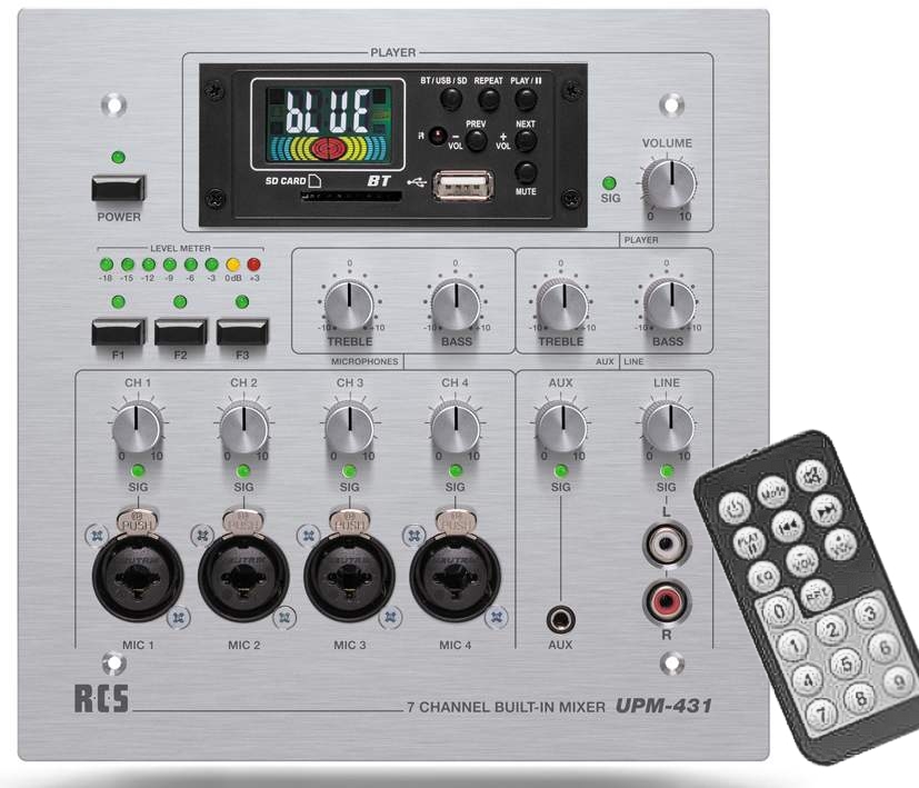 Wandmischpult_mit_Bluetooth_88-800-00385_B10 Mischpult mit USB + Bluetooth 7-Kanal für den Wandeinbau Bedientableau Turnhalle Sporthalle Verein
