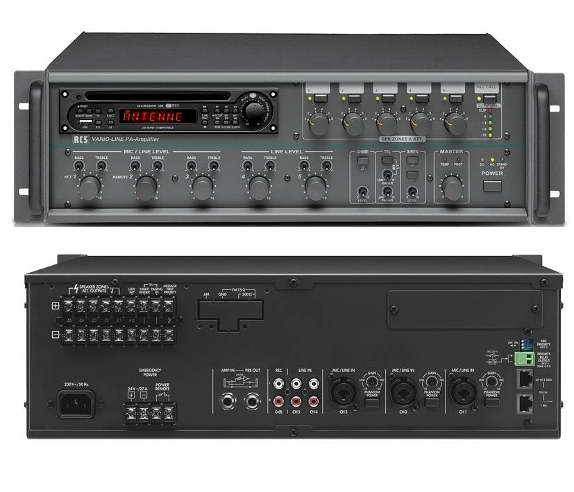 ELA-Zentrale_5Zonen_VLA240C_mit_CD-UKW_88-404-00750_2024eVFXymfM8TPOI ELA Verstärker 360W 5-Zonen Regelung Zentrale CD MP3 Player UKW Tuner 5Eingänge 100V und 4-8ohm ELA