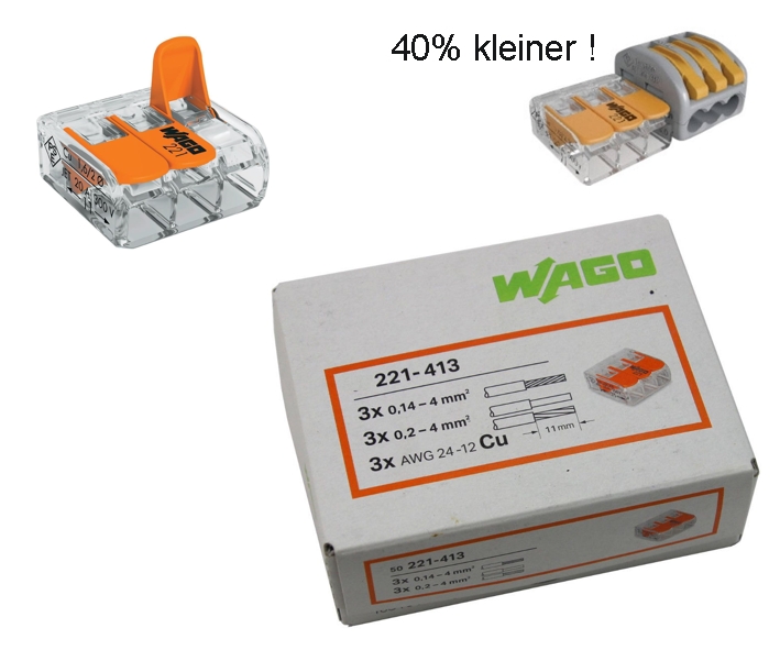 WAGO Klemme 3-Leiter 221-413 COMPACT 50er-Pack Kabelverbinder Leiterklemme