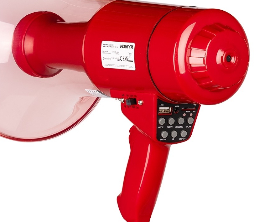 Megaphon MEGA50 50W mit Sirene Bluetooth USB-Player und Aufnahmefunktion mit Griff und Schlaufe