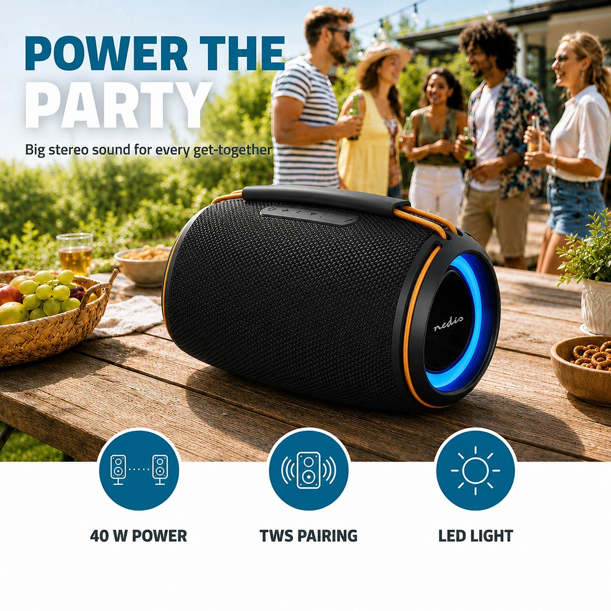 Tragbarer Bluetooth Lautsprecher 40W mit Akku USB + SD-Slot + RGB-LED + IPX4 Spritzwassergeschützt IN2026