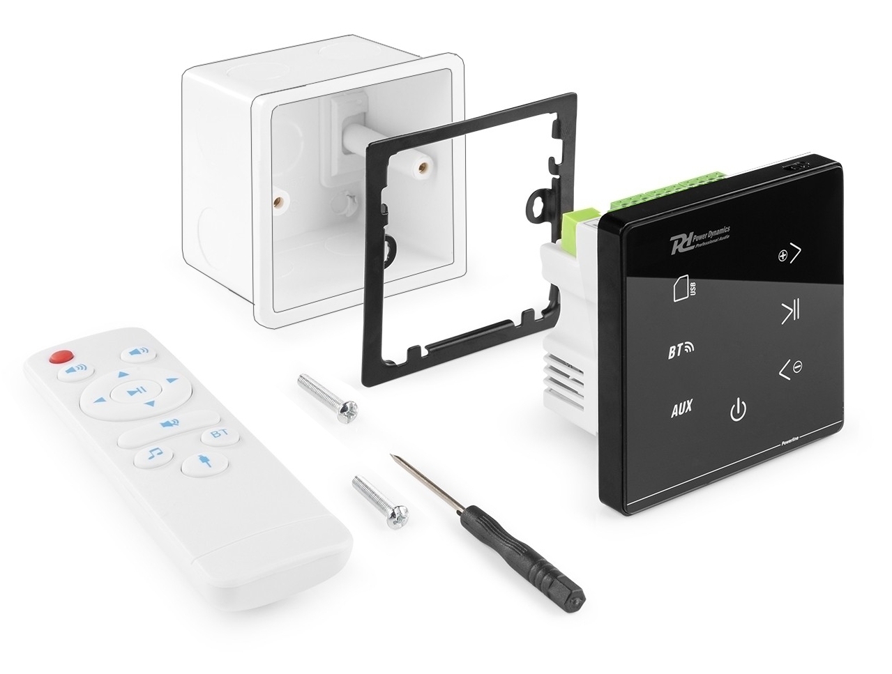 Stereo Unterputz Verstärker 4x20W mit Bluetooth USB AUX MicroSD und Fernbedienung BLACK Stereo Unterputz Verstärker 4x20W mit Bluetooth USB AUX MicroSD und Fernbedienung BLACK