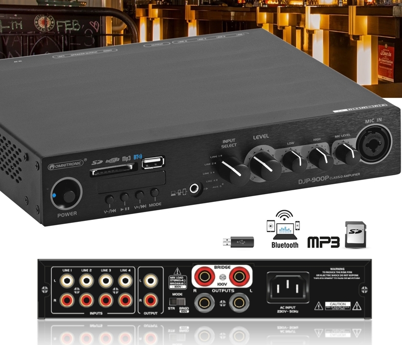 Verstaerker_2x450W_4-8ohm_mit_Bluetooth_83-769-00710 Stereo Verstärker 2x460W 4-8ohm oder 100V Ausgang mit Bluetooth / 5-Eingänge (1xMikro)