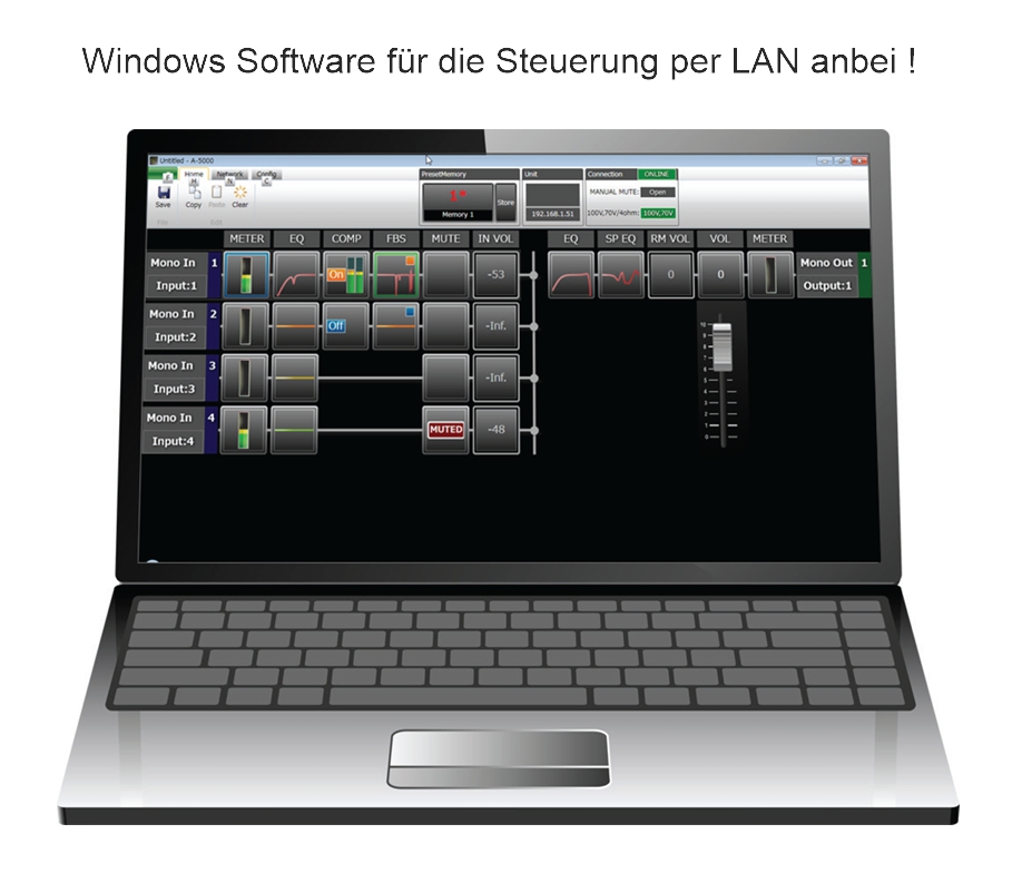 Verstärker TOA A-5012 mit 120/180W 100V und 4-8ohm Digitaler Amplifier mit Mixer und LAN Port