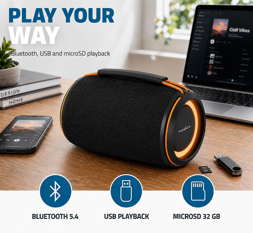 Tragbarer Bluetooth Lautsprecher 40W mit Akku USB + SD-Slot + RGB-LED + IPX4 Spritzwassergeschützt IN2026