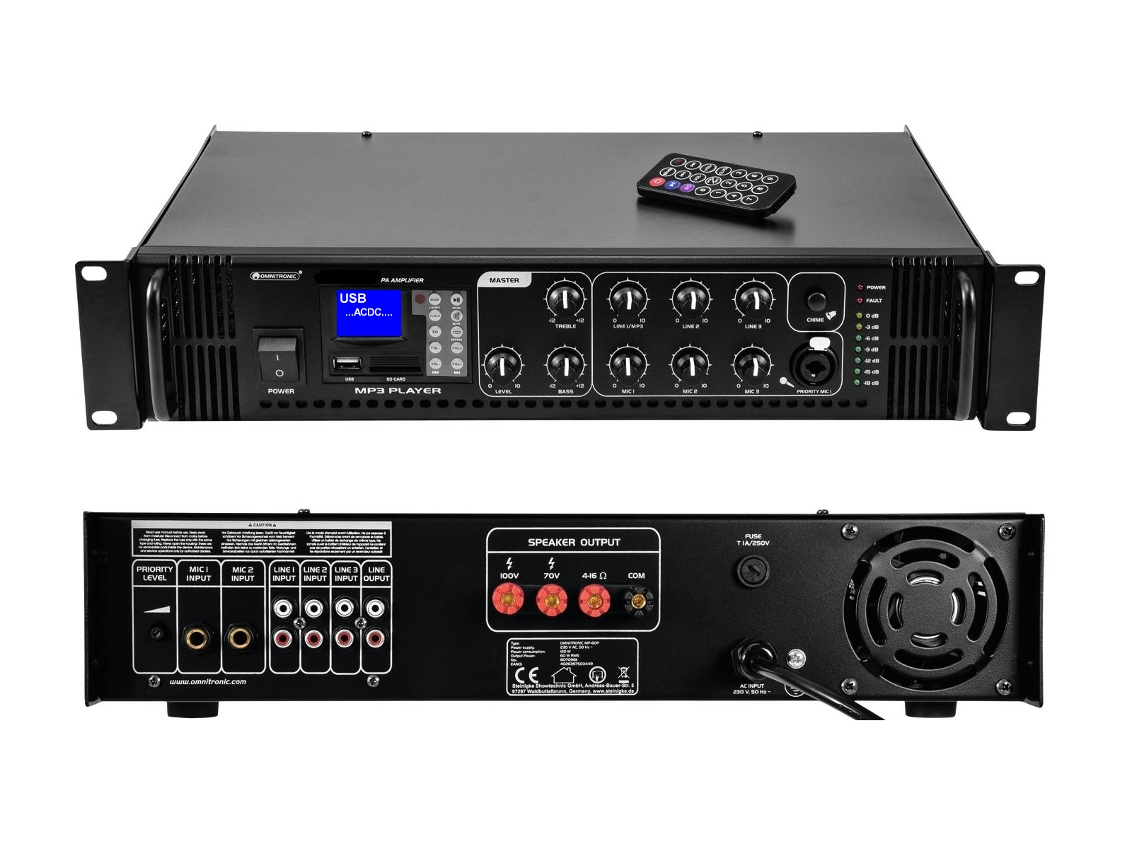 Verstaerker-mit-USB-SD-MP3-Player-100V-4ohm-88-404-0083159a5986708597 ELA Verstärker 240/120W mit USB SD MP3 Player mit Fernbedienung für 4-8ohm oder 100V Lautsprecher