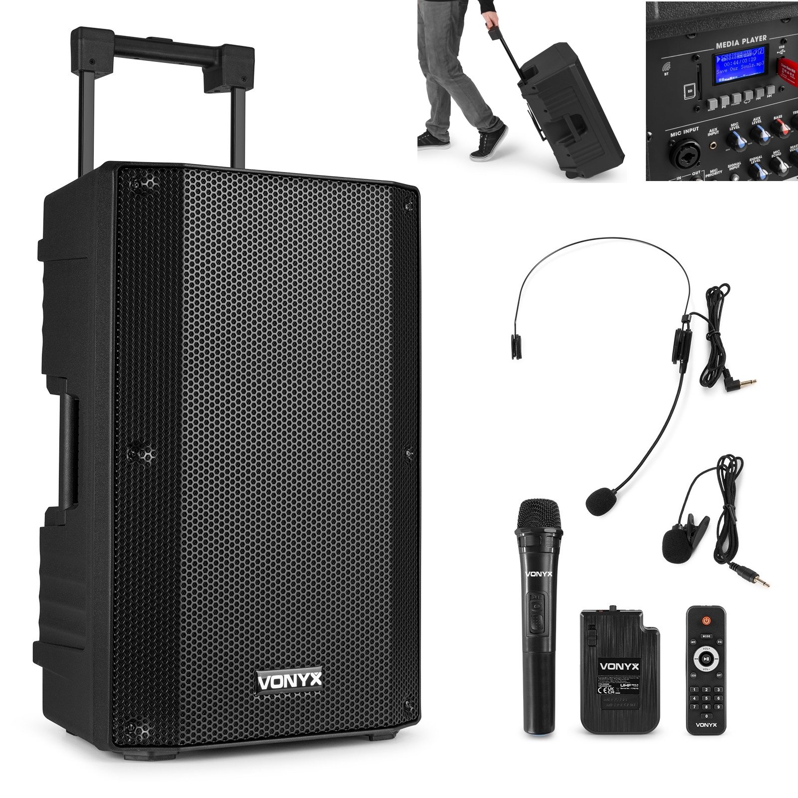 Mobile Musikanlage 800W Beschallungsanlage mit Bluetooth USB-MP3-Player Akku 2xFunkmikro 12zoll