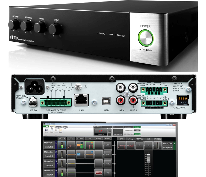 Verstärker TOA A-5012 mit 120/180W 100V und 4-8ohm Digitaler Amplifier mit Mixer und LAN Port